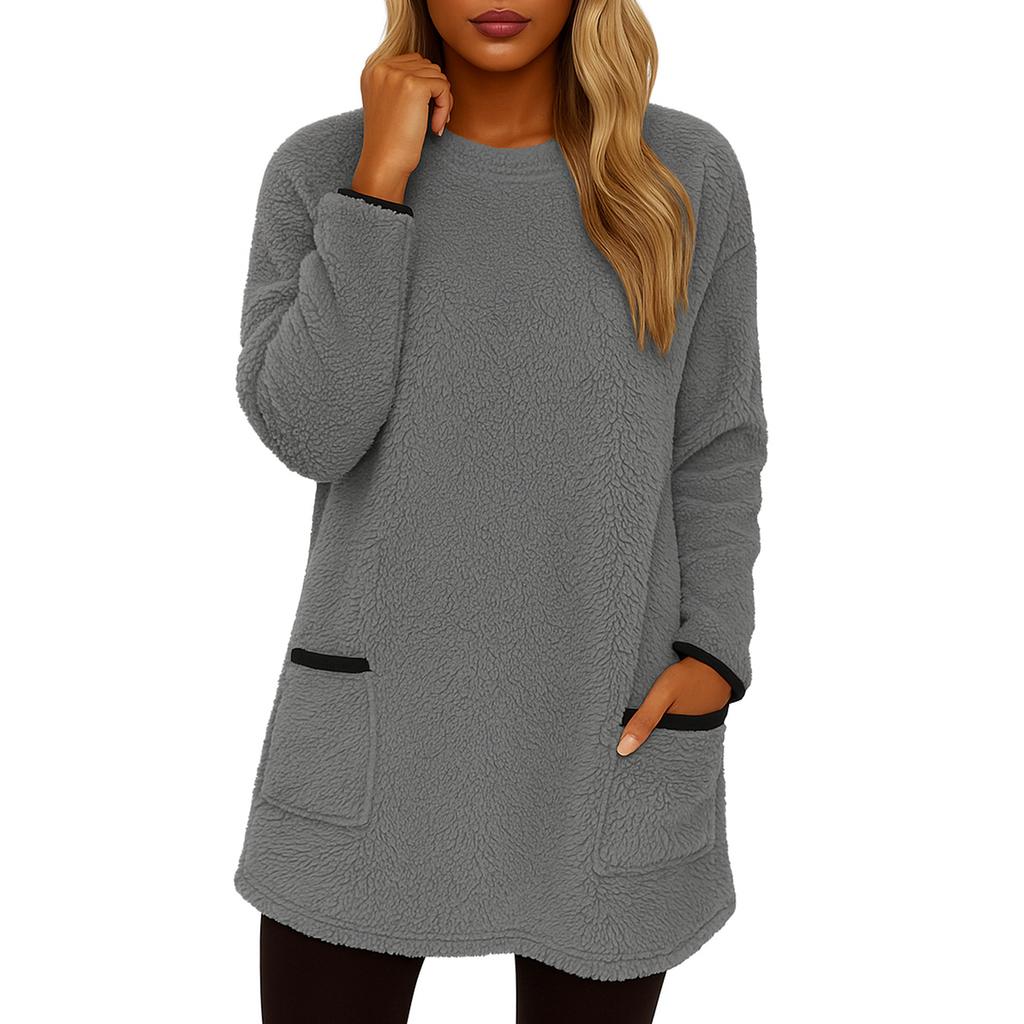 Women's Fashionable Solid Color Round Neck Long Sleeved Warm Plush Casual Top