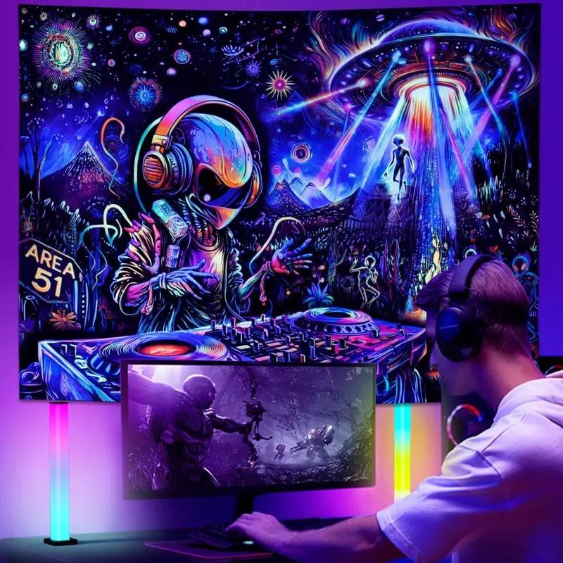 VIKAMA Trippy Alien DJ Tapestry UV Reactive Polyester Psychedelic Wall Hanging Aesthetic Dorm Decor for Bedroom