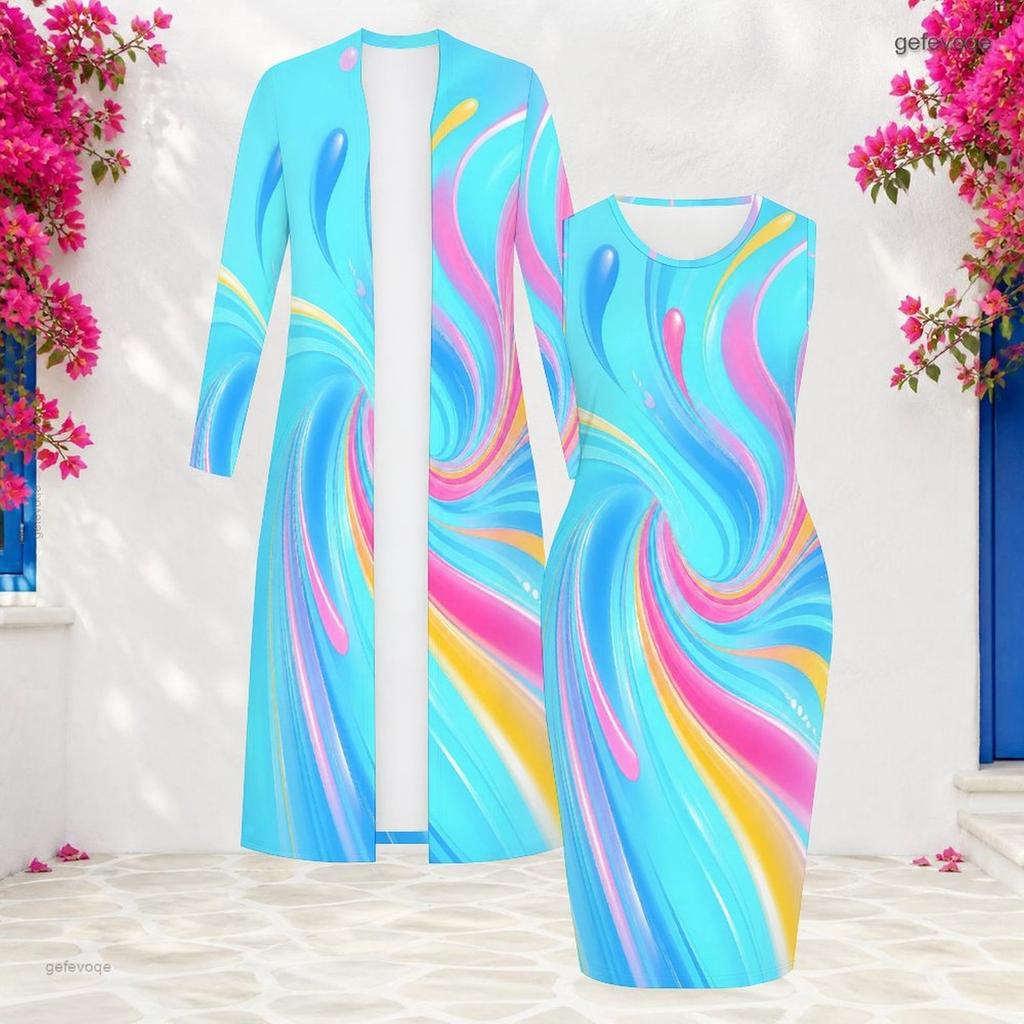 Women Plus Size Multicolor Printed Two Piece Set Sleeveless Bodycon Dress Long Sleeve Open Front Cardigan
