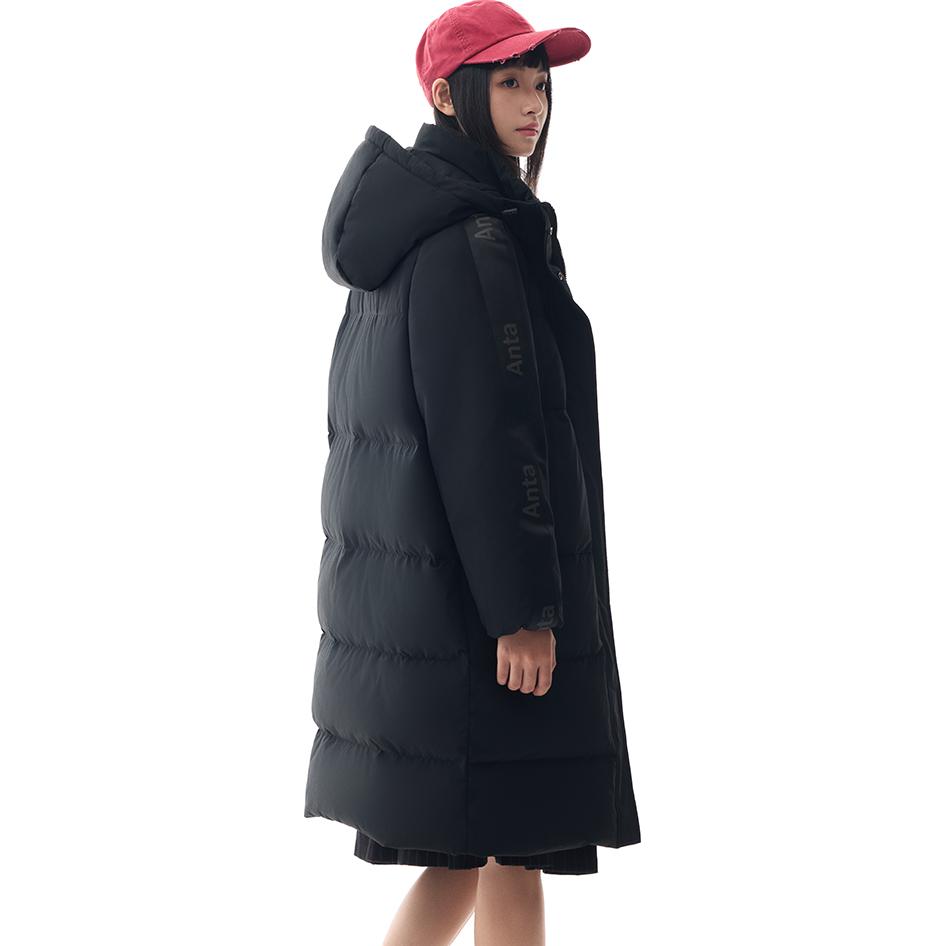 Anta Letter Zipper Hooded Comfortable Breathable Versatile Casual Long Down Jacket Women outerwear Basic-Black 962448902-4