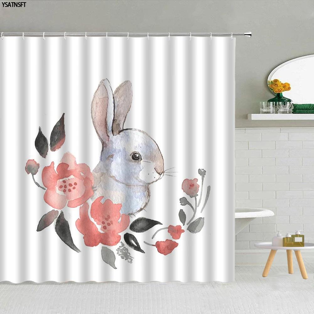 Funny Bunny Easter Shower Curtain Rabbit Colorful Egg Flower Wood Striped Backdrop Bathroom Decor Washable Fabric Hooks Curtains
