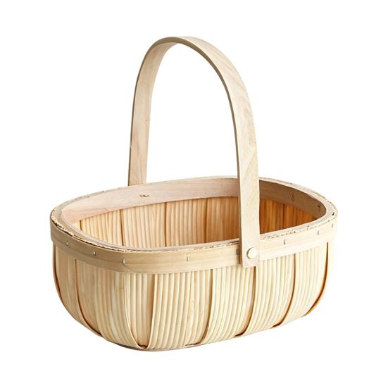 Reinforced Handle Organizer Handmade Woven Wood Storage Basket, Oval with Handle, Portable Food Serving Tray Large Capacity Bin for Kitchen