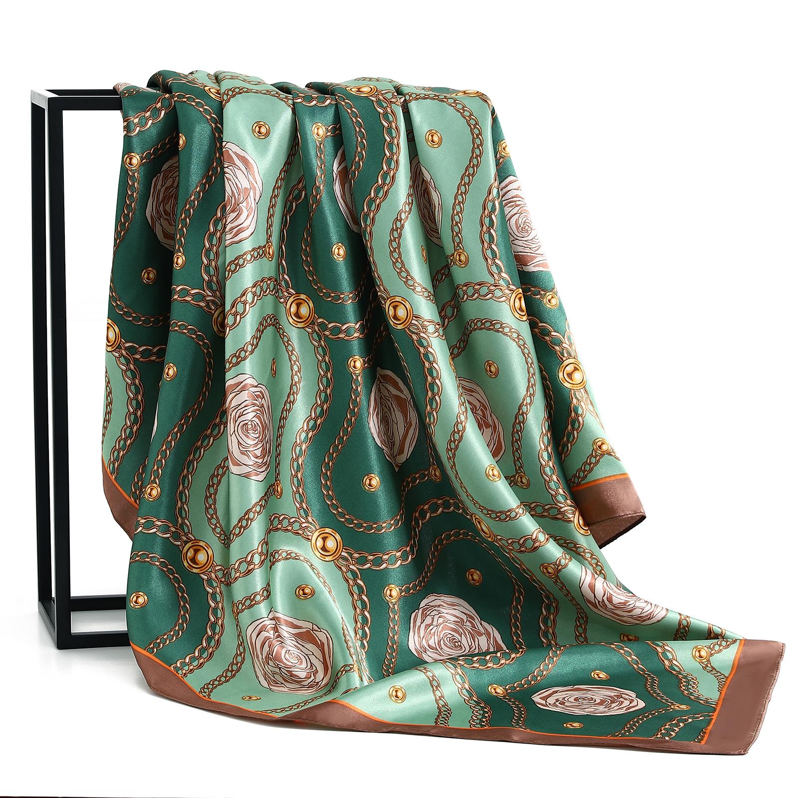 

Роскошный бренд Летний платок Модный фуляр Сатиновая головная повязка Женский принт 90X90СМ Бандана, 1 штука 35,4 дюйма Квадратные шали, 90X90CM