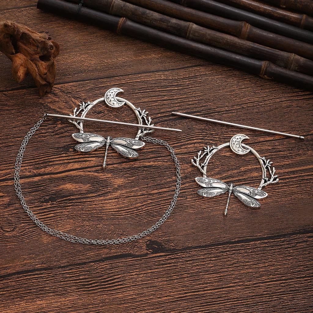 Viking Retro Dragonfly Moon Hairpin Branch Hairpin Women's Fashion Trend Versatile Hair Accessories Scandinavian Norwegian