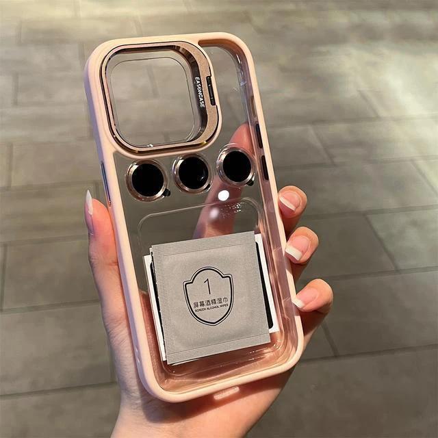 Luxury Bracket Transparent Phone Case For iPhone 17 15 16 14 13 12 Pro Max With Holder Camera Lens Protector Shockproof Cover