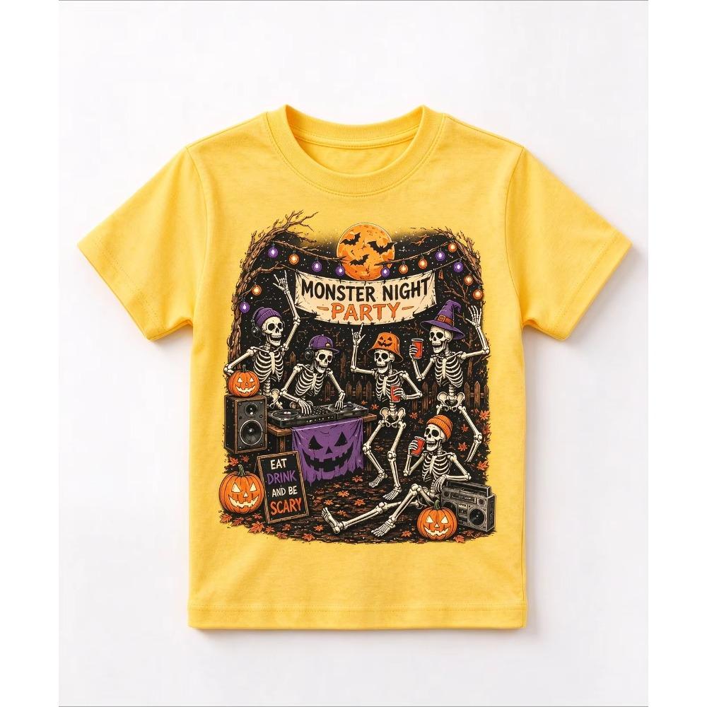 Halloween Kids Graphic Tee Skeleton Monster Night Party Print Boys Girls Casual Top