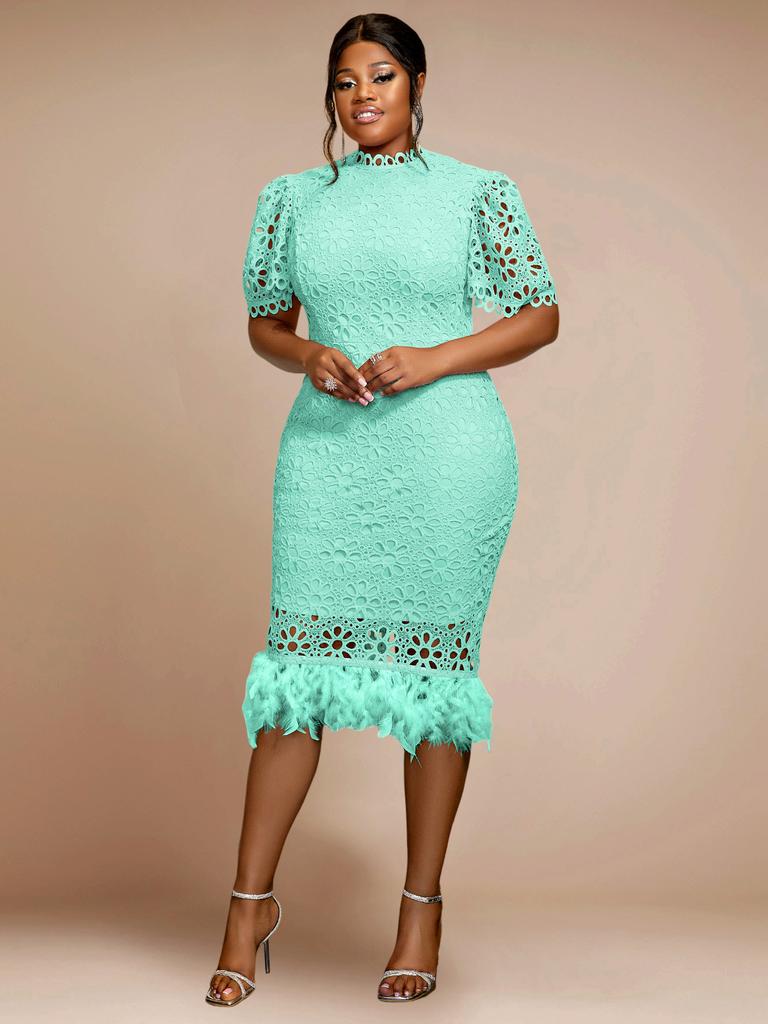 AOMEI Robe mi-longue en dentelle à plumes, col montant, manches