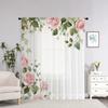 2Pcs Elegant Floral Print Sheer Curtains, Pink Roses & Green Leaves, Machine Washable Polyester, Rod Pocket Design, 100-120Gsm,