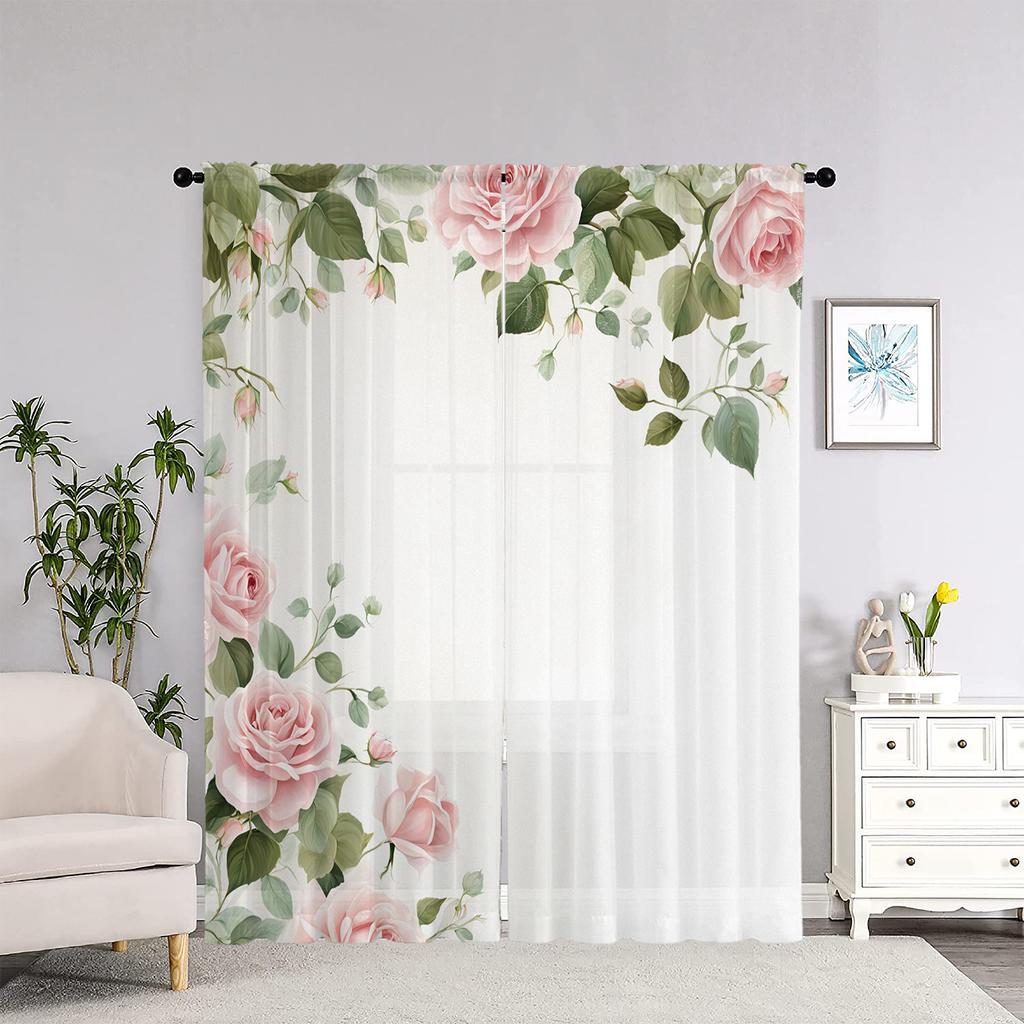 2Pcs Elegant Floral Print Sheer Curtains, Pink Roses & Green Leaves, Machine Washable Polyester, Rod Pocket Design, 100-120Gsm,