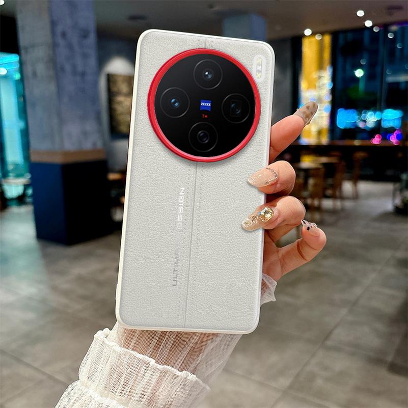 Plain Leather Middle Stitching Style Red Heightened Lens Ring Case For VIVO X200 Ultra X200s X200 Pro Mini X200 Pro Slim Cover