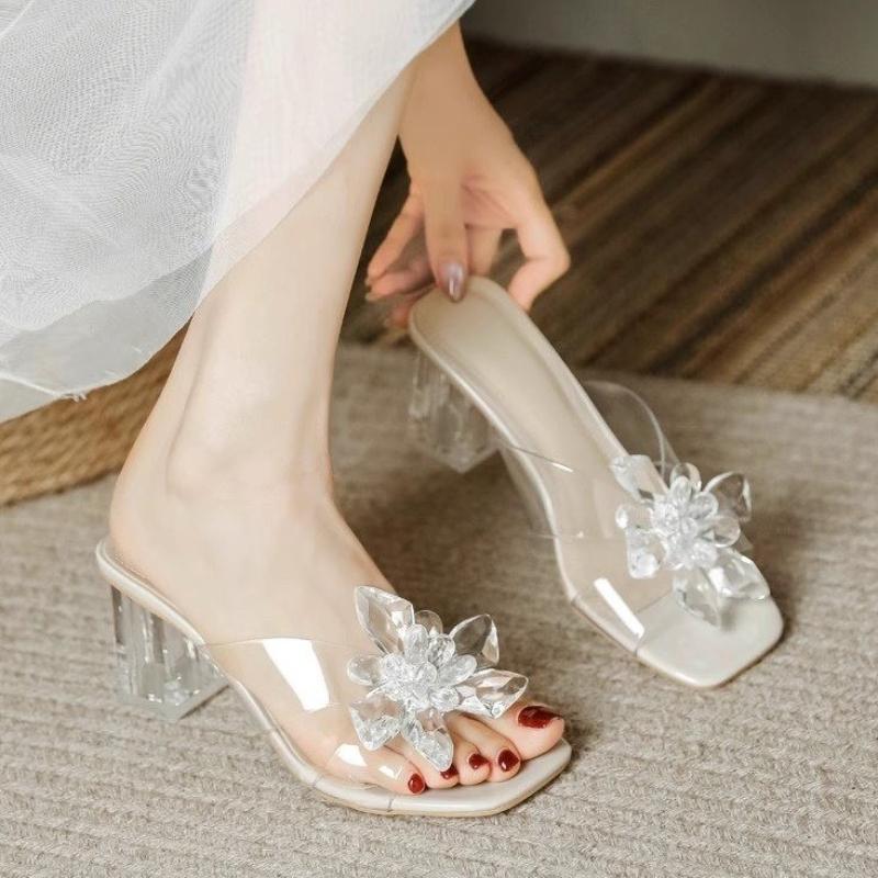 

Мода 2025 Новые женские сандалии с цветком из водных бриллиантов на прозрачной толстой подошве, тапочки для вечеринки, платья, мюли, на высоком каблуке 35