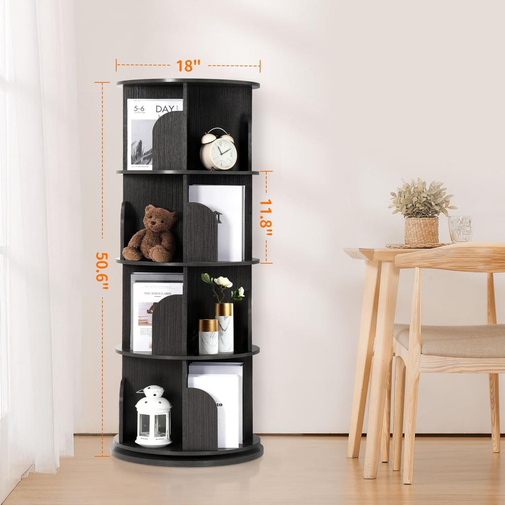 Rengue Rotating Bookshelf Tower, 4 Tiers 360 Spinning Book Case Revolving Book Shelf Corner Organizer Display ,18" Wide, Grey
