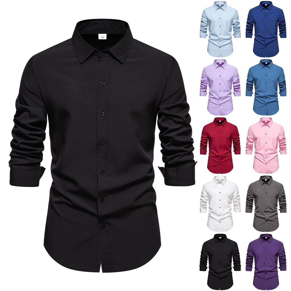 Men's  Button Casual Loose Solid Color Long Sleeve Shirt