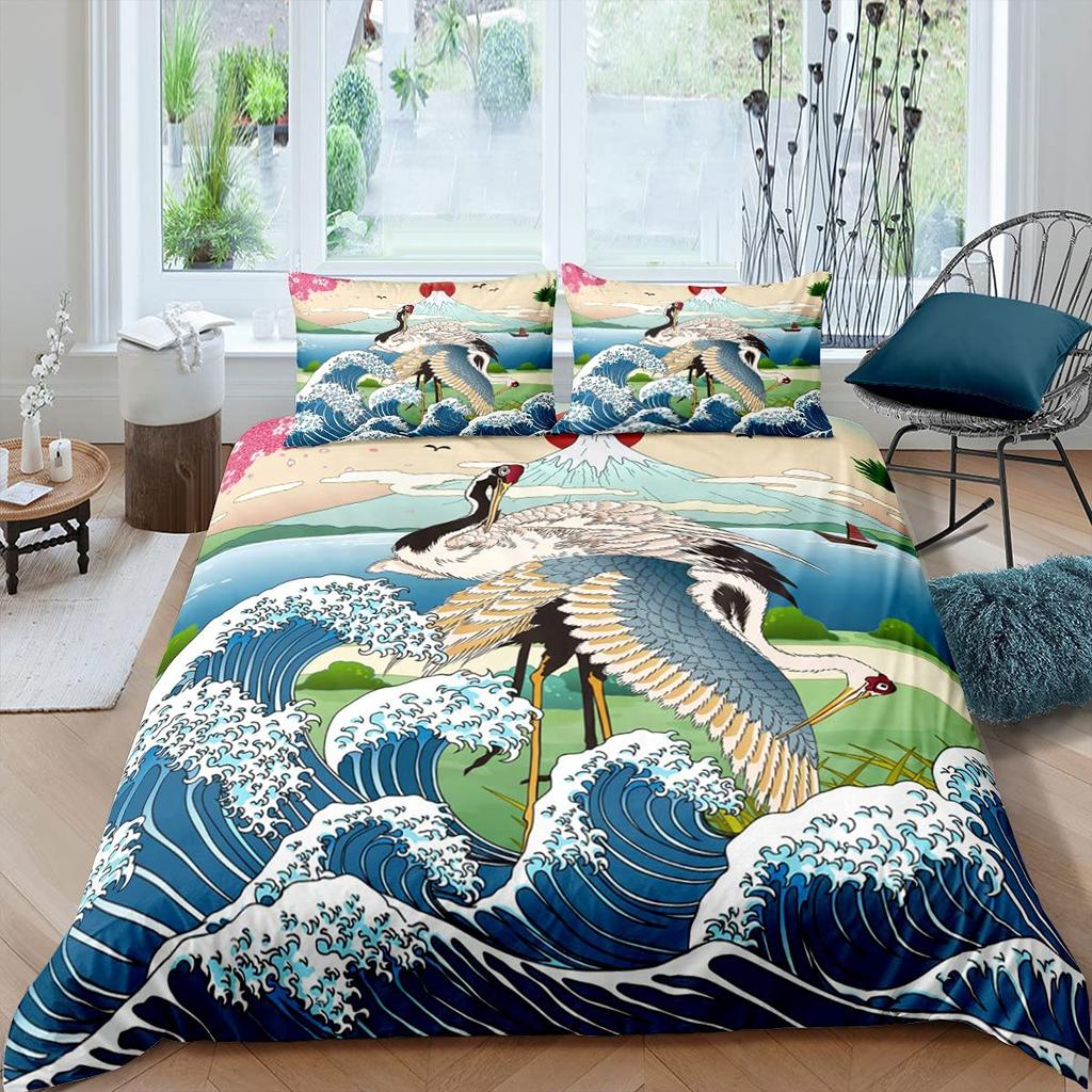 Comforter Crane Queen Size Japanese-Style Bedding Set Cherry Blossoms Pattern Women Girls Japanese Traditional