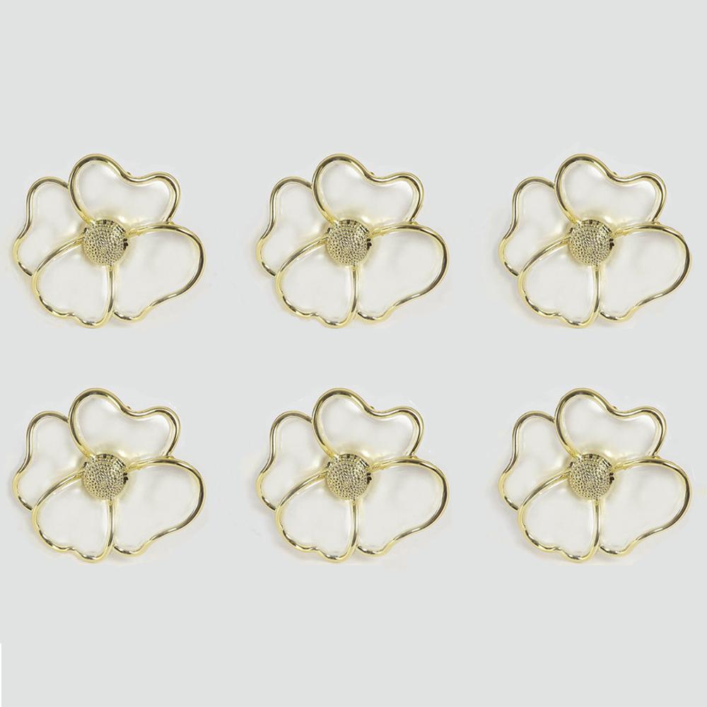 6 pcs Gold, White Flowers Napkin Ring Holders Flower Acrylic Phnom Penh Flower Napkin Button 2.3'' Flower Shaped Napkin Ring