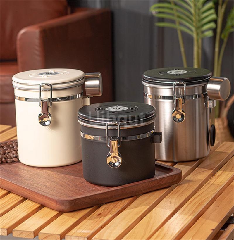 Stainless Steel Coffee Canister Coffee Bean Storage Airtight Containers with Date with Spoon Vent Valve Kitchen Food Storage Jar