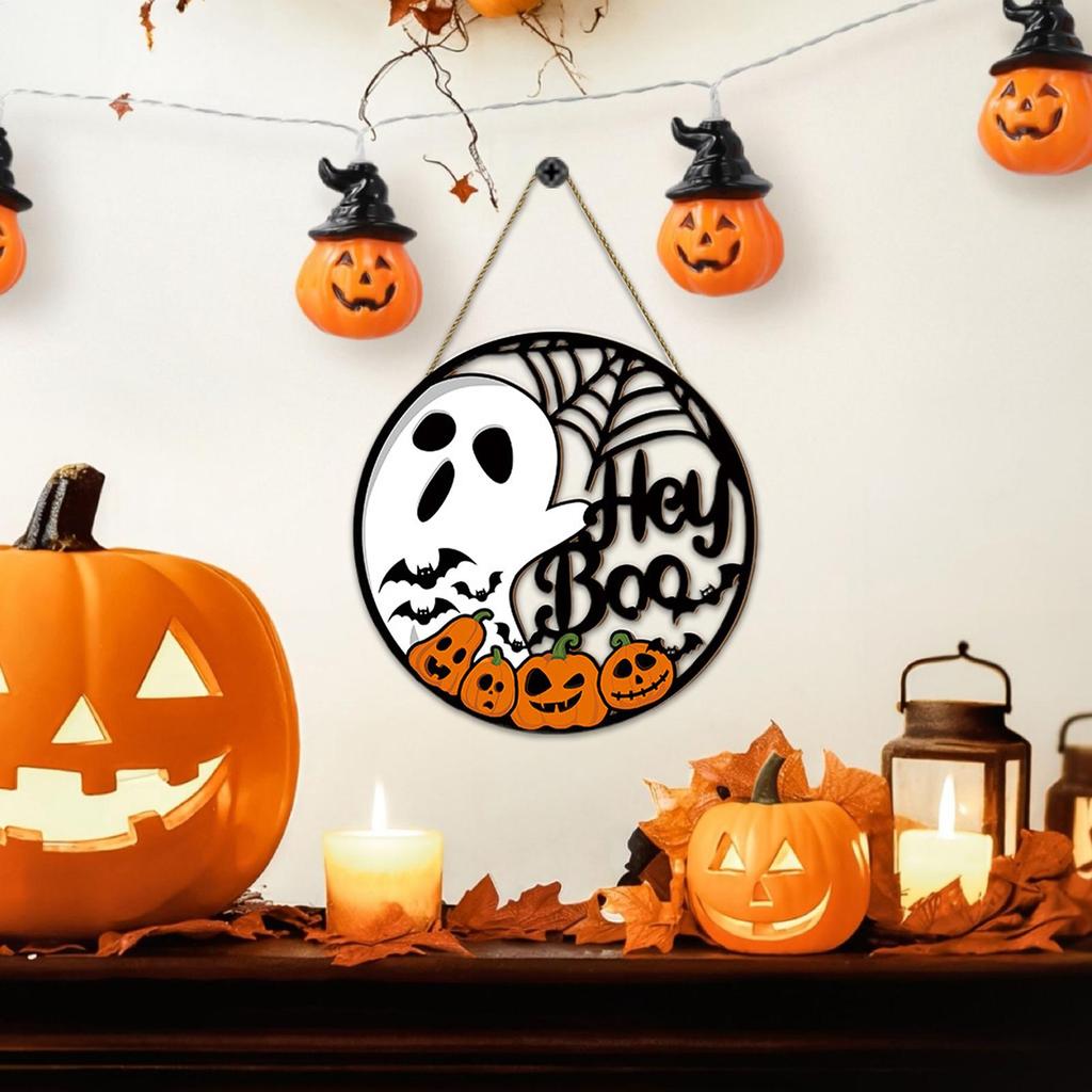 Welcome Door Sign Scary Halloween Door Hangings Wooden Sign Spider Web Round Halloween Wreath Decorations for Home Yard