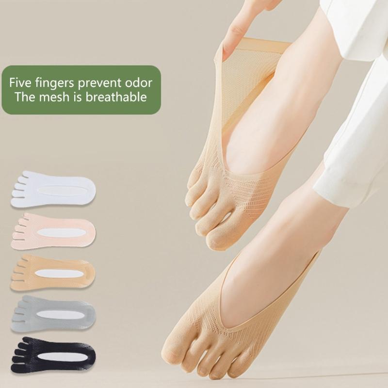 5 Pairs Women's Toe Separated Invisible Socks Breathable Cotton Silicone Grip Antislip Low Cut No Show Design Hosiery