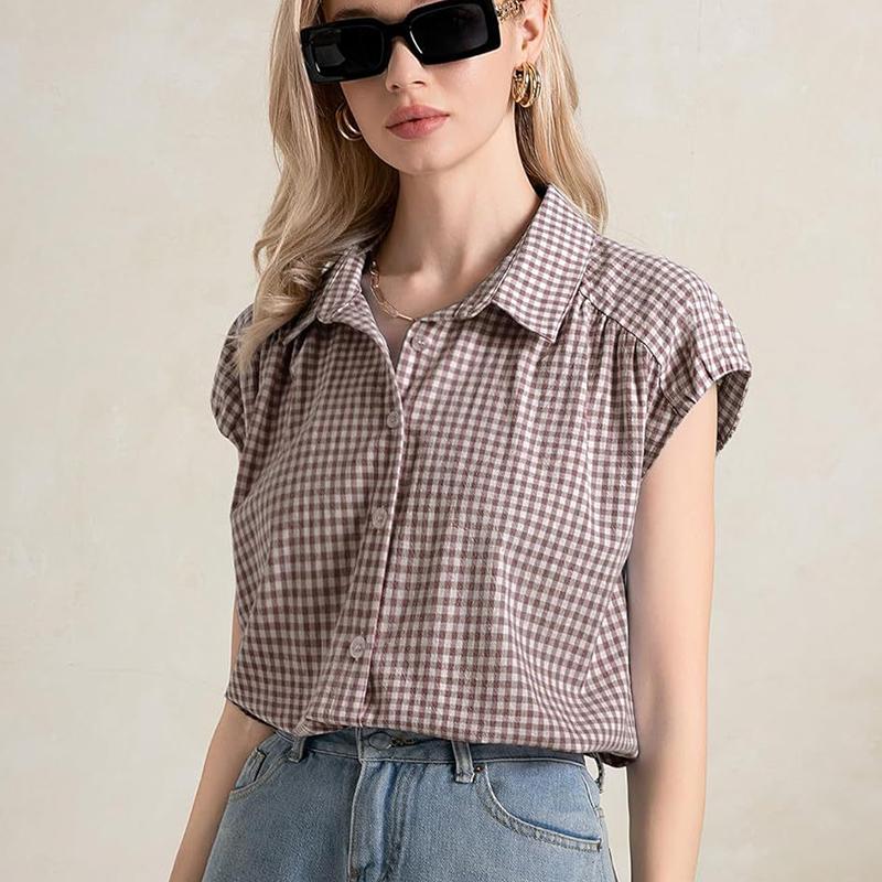 Ladies Summer Short Sleeve Lapel Casual Plaid Printed Blouse Shirt Top