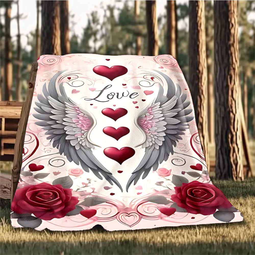 1pc Love Hearts Wings Roses Outdoor Flannel Blanket Soft All Season Polyester Throw , Perfect for Picnics & Travel , Picnic Accessory