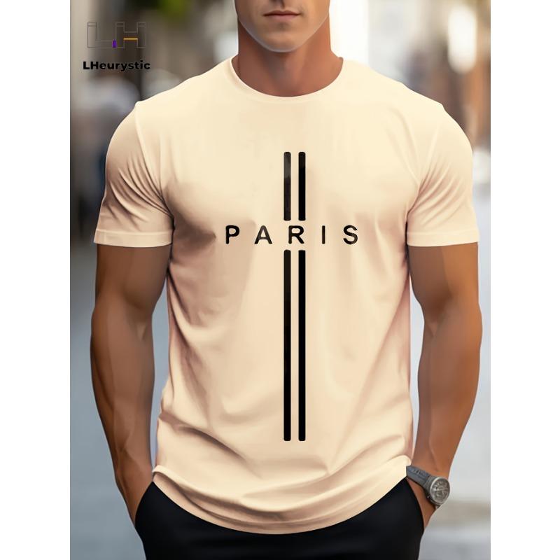 Men's Summer Loose Size PARIS Letter Graphic Printed Slim Fit Casual Sports Round Neck Short Sleeved T-shirt Top