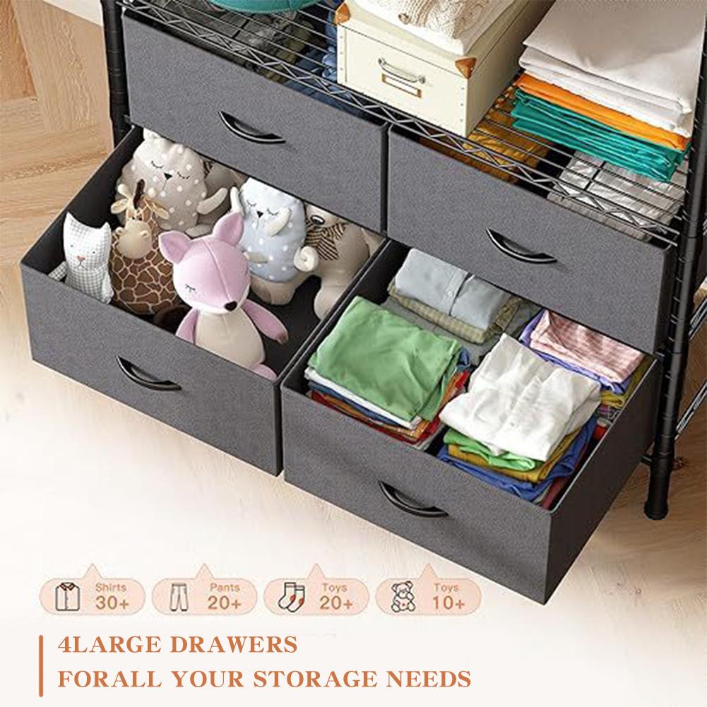 Heavy Duty Rolling Garment Rack Adjustable Wire Shelving with Rod, Storage Closet Clothing Rack with 4 Drawers Dark Grey