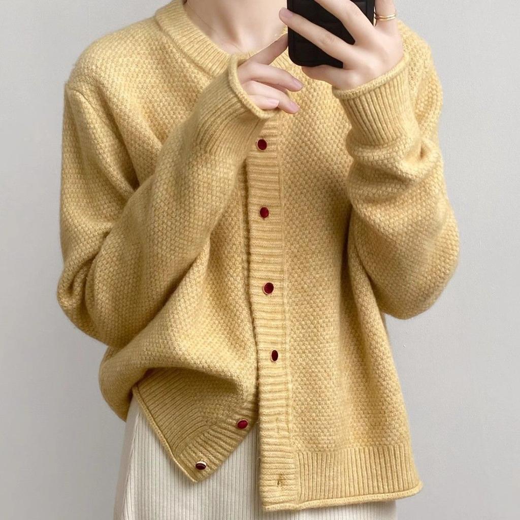 Lazy Style Round-neck Yellow Sweater Jacket for Women Spring and Autumn Knitted Cardigan Loose Solid Color Long-sleeved Casual Sweater Cardigan
