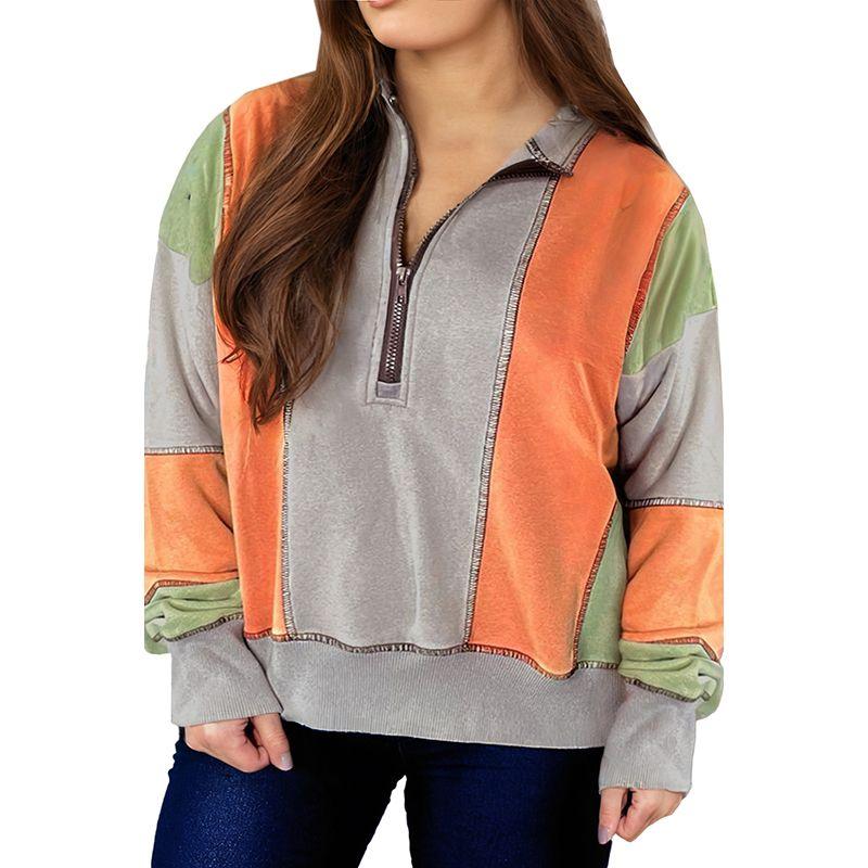 

2025 Winter New Trendy Personalized Color Matching Pullover Women European and American Fashion Loose Half Zipper V-neck Hoodie Women Grey XL code fits (70.00 kg-75.00 kg