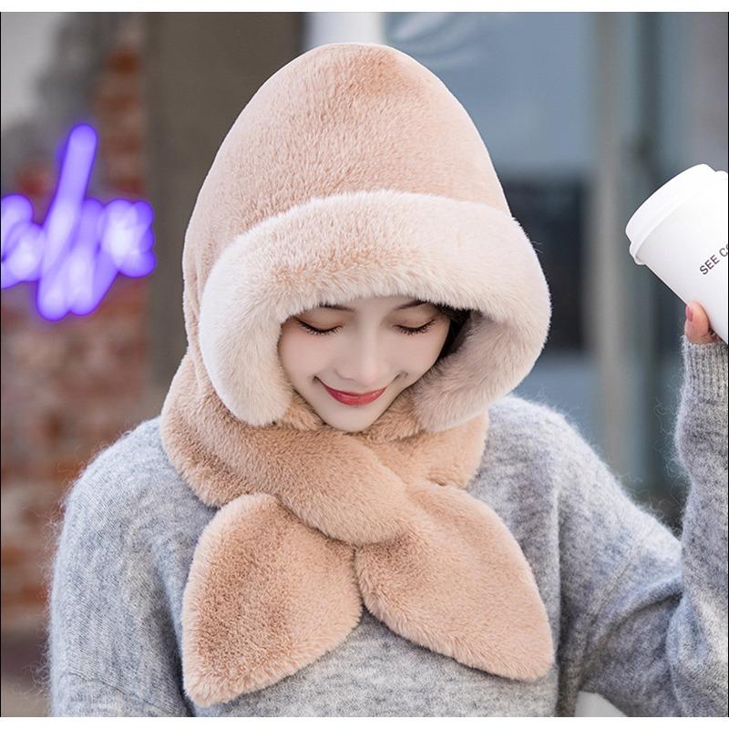 Women Winter Hood Thick Plush Scarf Hat Set Outdoor Ski Windproof Warm Headgear Solid Color Fluffy Fur Female Earmuffs Cap