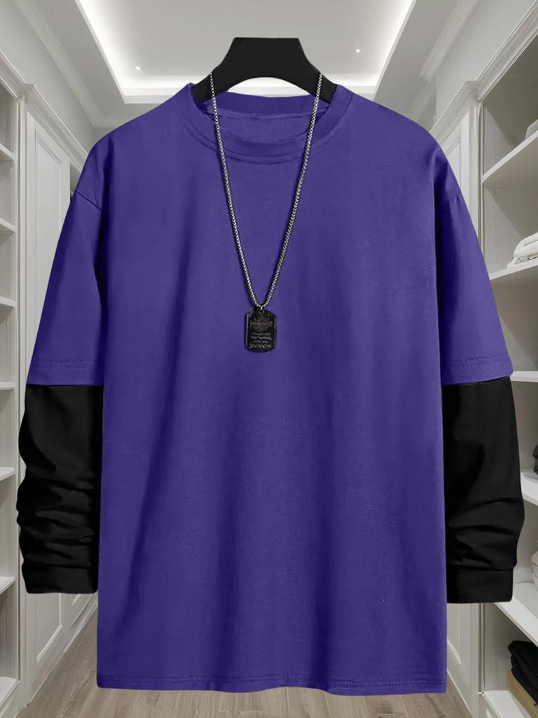 Mens Faux Layered Long Sleeve T Shirt, Casual Weekend Lounge Tops, Classic Fit for Relax Walk Outdoor Errands Commute Daily Leisure Wear