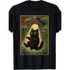 's Japanese UFO Alien Cat Abduction T-Shirt - Retro Black & White Manga Kemono-Fly Design with Japanese Text, Loose Fit Short Sleeve Tee for Casual