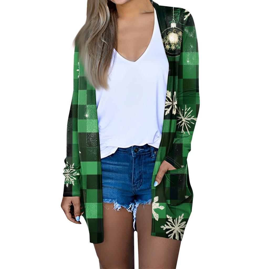 Women's Fashion Casual Christmas Printed Mid-Length Cardigan Long Sleeve Jacket