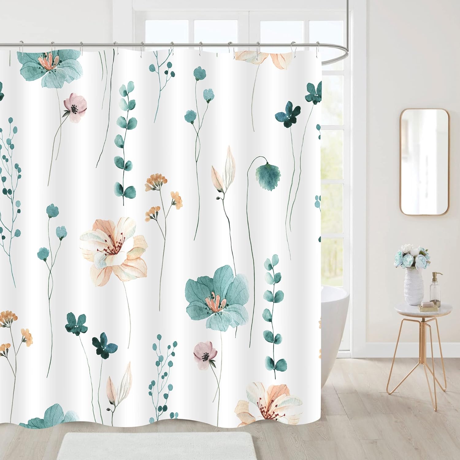 

Teal & Beige Watercolor Floral Shower Curtain – Modern Minimalist Design, Elegant Bathroom Decor 72X72 Inch W60H190(CM)-1 Pcs