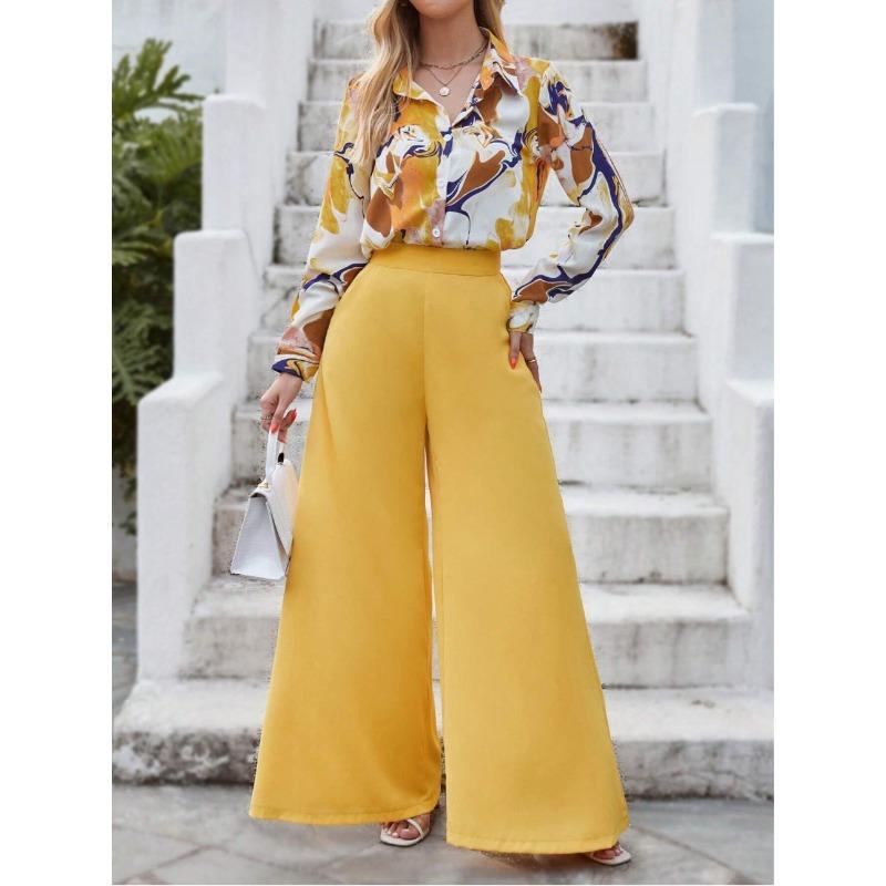 women's Collared Abstract Print Long Sleeve Shirt High Waist Wide Leg Pant Casual Two Piece Outfit Set