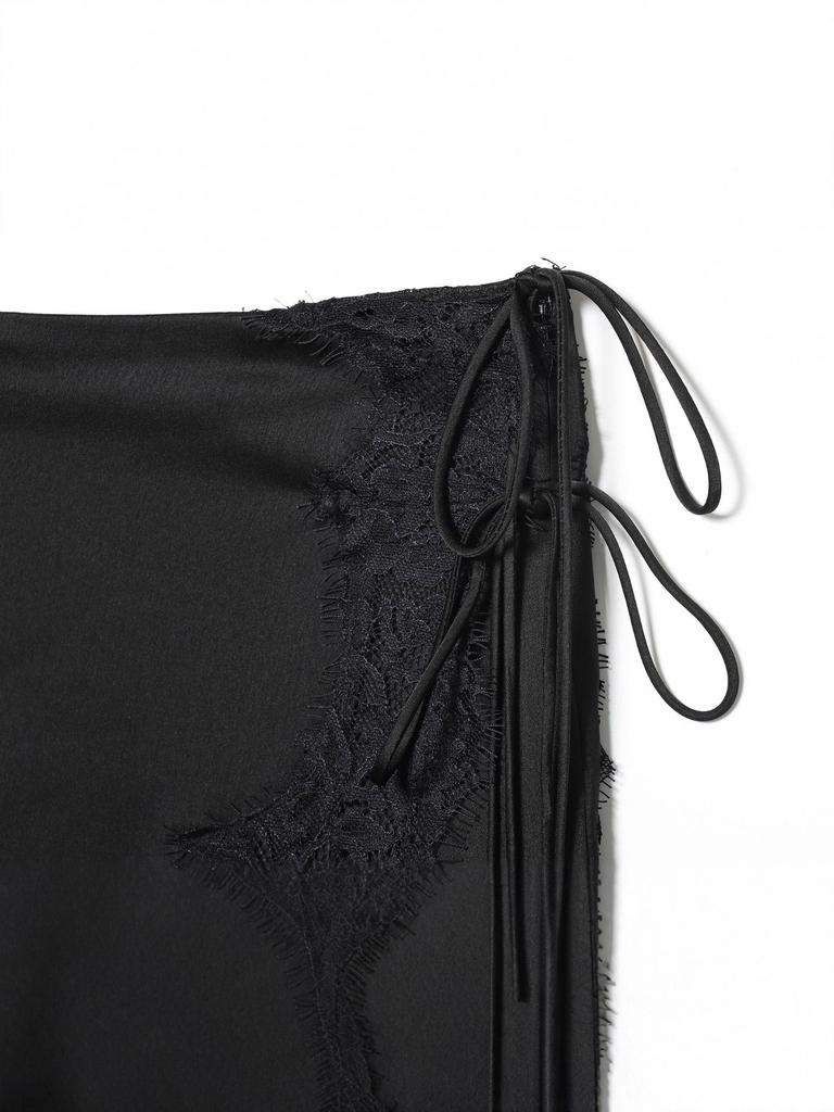 European & American Asymmetrical Lace Satin Skirt with Side Bow