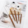 24Pcs Wood Handle Gold Dinnerware Set Stainless Steel Tableware With Storage Rack Knife Fork Tea Spoon Kitchen Cutlery Set