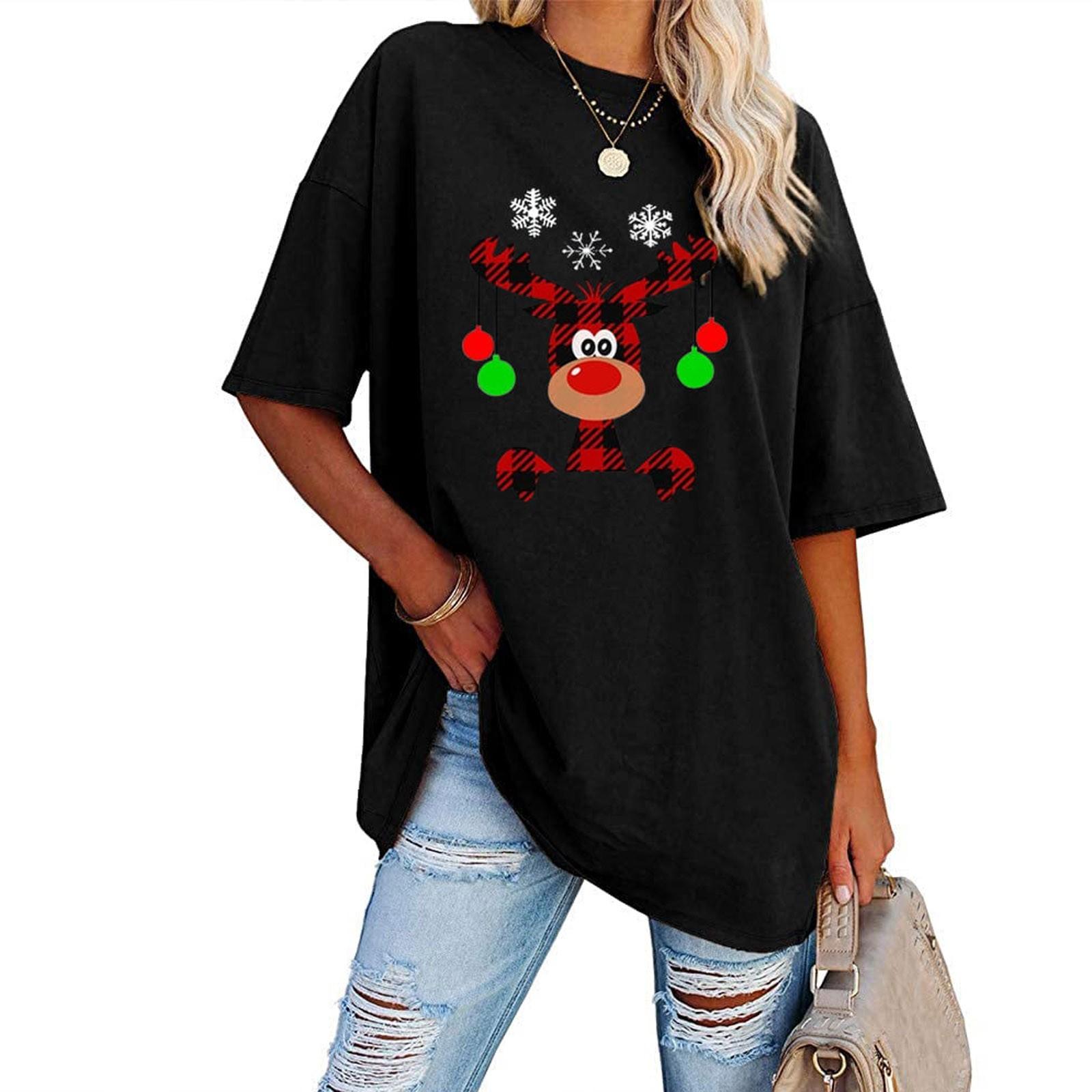 

Женские рождественские футболки со свободным принтом и негабаритным топом XXL чёрный