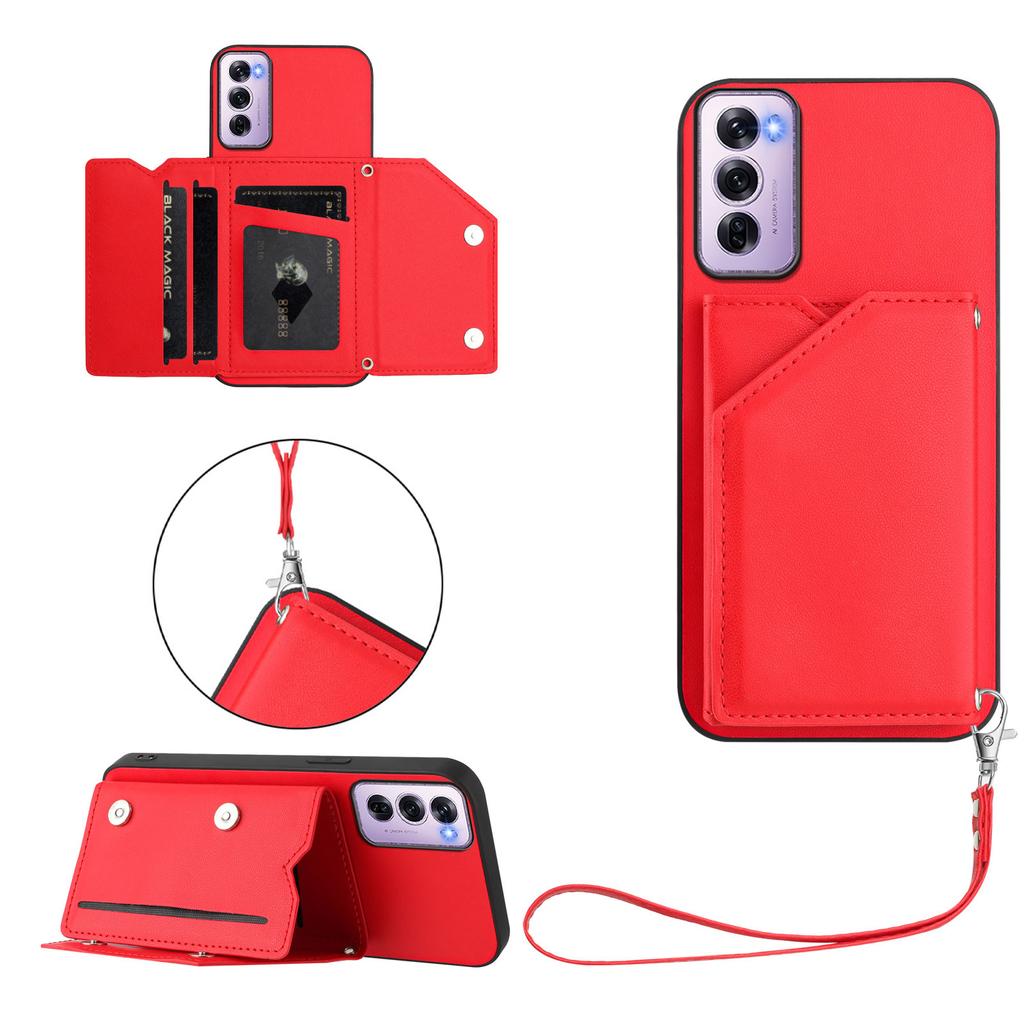 For Oppo Reno12 Pro 5G (Global) Case Card Holder Kickstand Skin-Touch Phone Cover with Wrist Strap