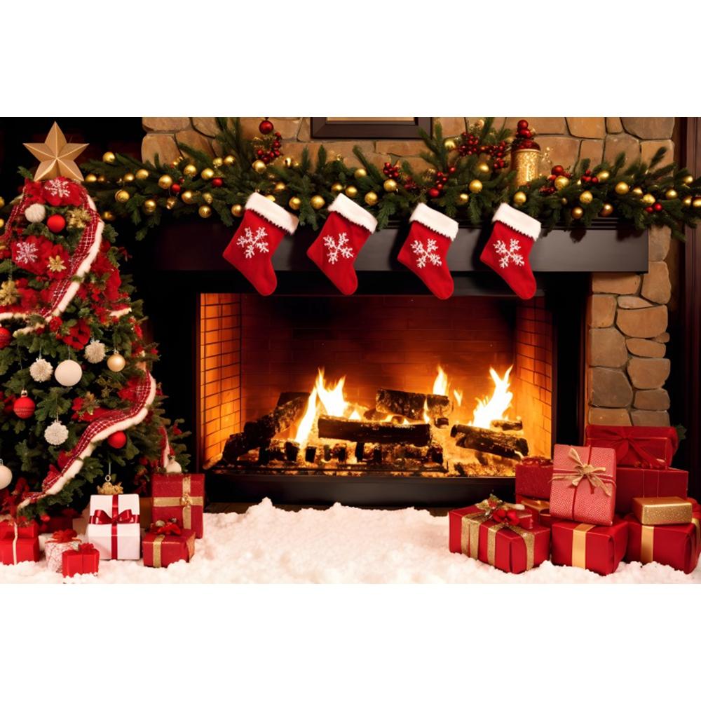 Winter Christmas Fireplace Backdrop Christmas Tree Gift Socks Wreath Family Party Xmas Decor Photography Background Photo Studio Vinyl 75X50cm