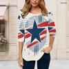 Women Plus Size Round Neck Half Sleeve Printed T Shirt Red Blue Star Stripe Curved Hem With Pocket