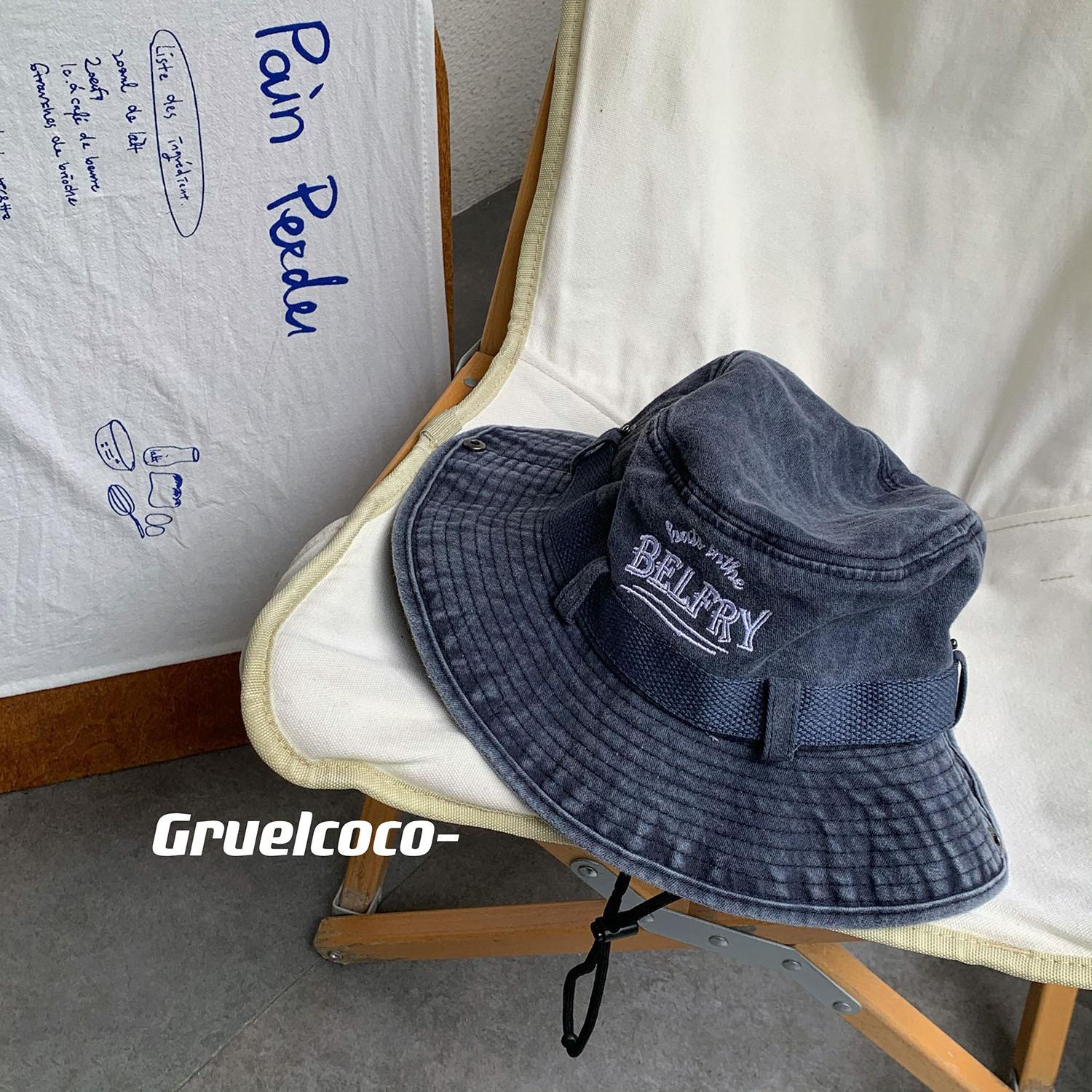 

Вінтажний випраний денім, вишита літера, капелюх-рибалка для дітей, весна та літо, старий сонцезахисний капелюх M（56-58cm） Темно-синій