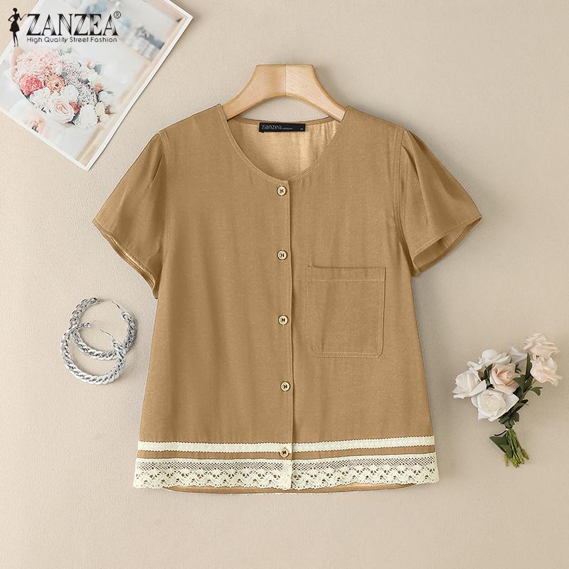 ZANZEA Women Summer Short Sleeve Lace Patchwork Casual Button Blouse