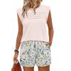 Women’s Casual Round Neck Pleated Top and Hawaiian Print Shorts Two Piece Set Sleeveless Relaxed Fit Summer Outfit