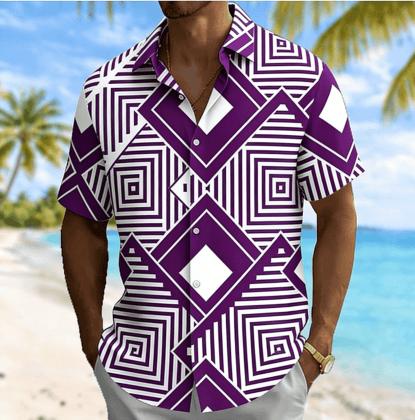 Men's Geometric Maze Print Short Sleeve Shirt, Spring Summer Casual Vacation Turn-Down Collar Blouse, Loose Fit Top