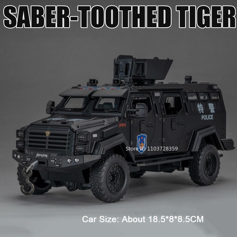 

1:32 Scale Avtoros Shaman Sabertooth Armored Police Car Model Toys Metal Diecast Sound Light Doors Opened Pull Back Boys Gifts