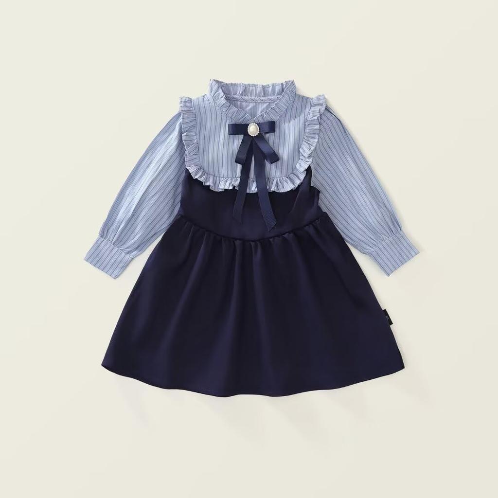 Kuhvvse Formal Cute Dress with Long Striped Perfect for Entrance Sizes 120 Girls' Dress, Children's Skirt, Sleeves, Ribbon, School-Style Design,