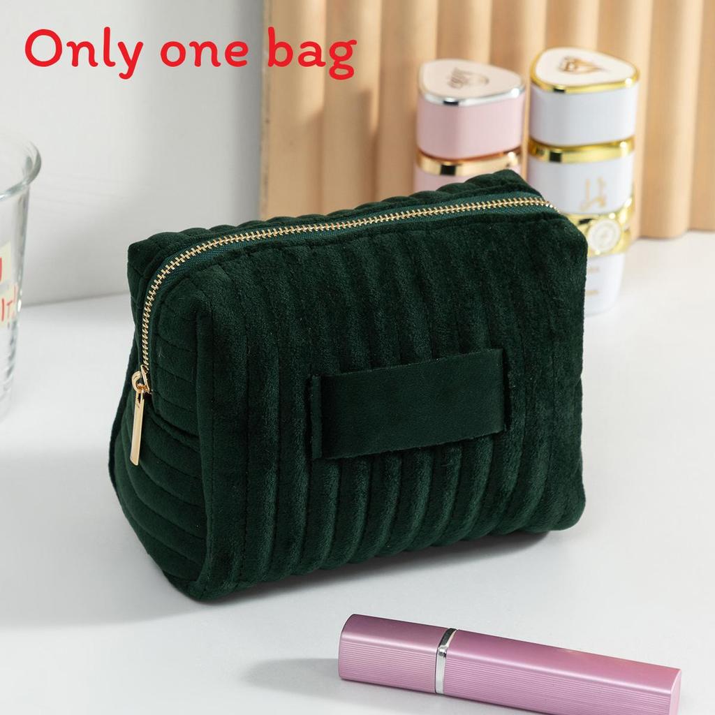 Velvet Makeup Bag With Striped Quilted Design For Women Portable Organizer