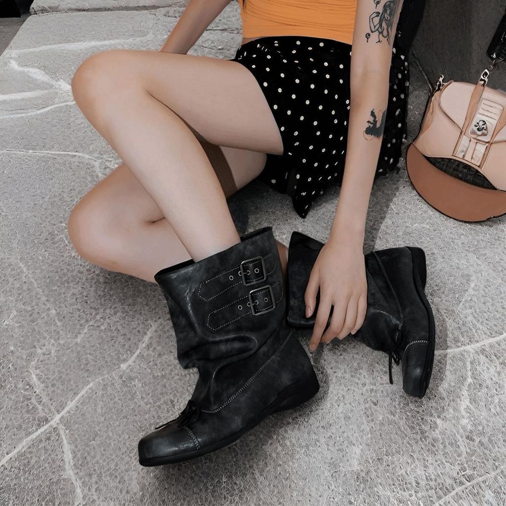 Square head bow pleated piled boots women's fashion western cowboy boots ballet short boots retro old Martin boots