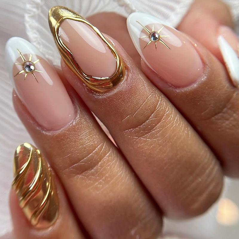 24PCS Metallic Gold Star Patterns French Wearable False Nails Sweet Cool Blue Blush Almond Fake Nails Tips Simple Nails Press On