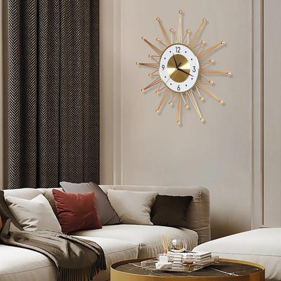 Sun Shaped Battery Powered Silent Wall Clock 50cm/19.6inch, Gold Iron Wall Decor, Used for Living Rooms, Corridors, and Offices